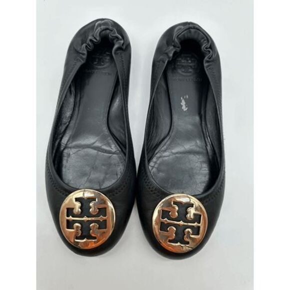 Tory Burch MINNIE TRAVEL BALLET Flats Black Leather Size 7M - Picture 1 of 9